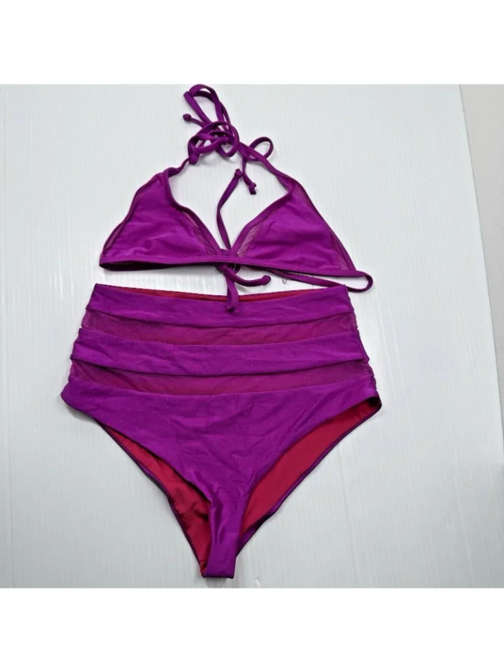 Lovers Friends Revolve Magenta Triangle Halter High Waist Mesh Bikini Set XS - Picture 2 of 7